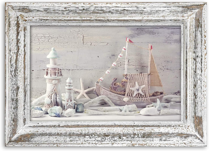 Wandbild XXL Schiff Leuchtturm 120x80 cm Deko Kunst Bilder shabby chic Rahmen Illusion Beige M15883