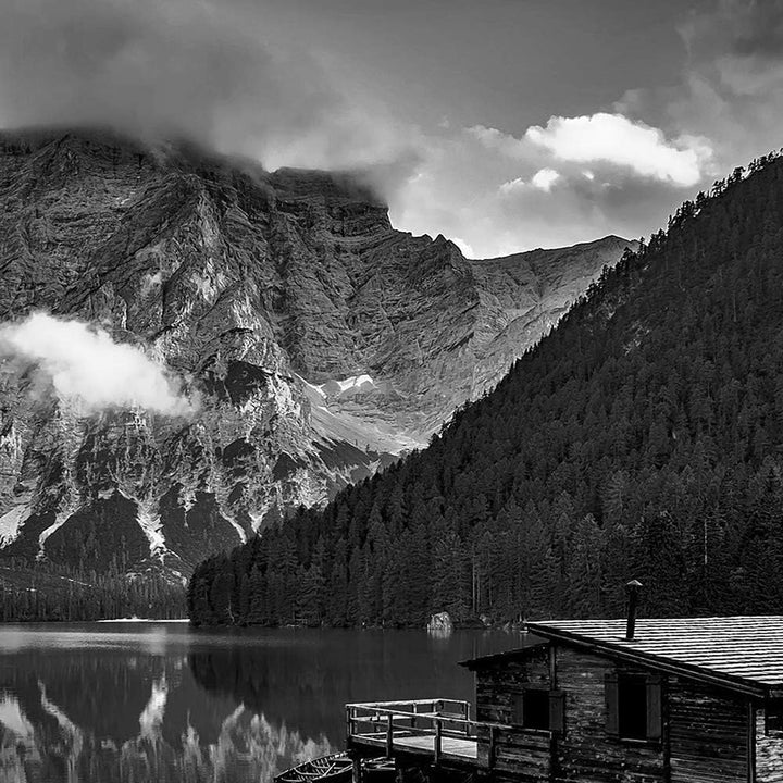 Feeby Bilder Berge 200x100 cm - Leinwandbild 5 Teilig XXL Kunstdruck Hütte See schwarz Leinwandbild
