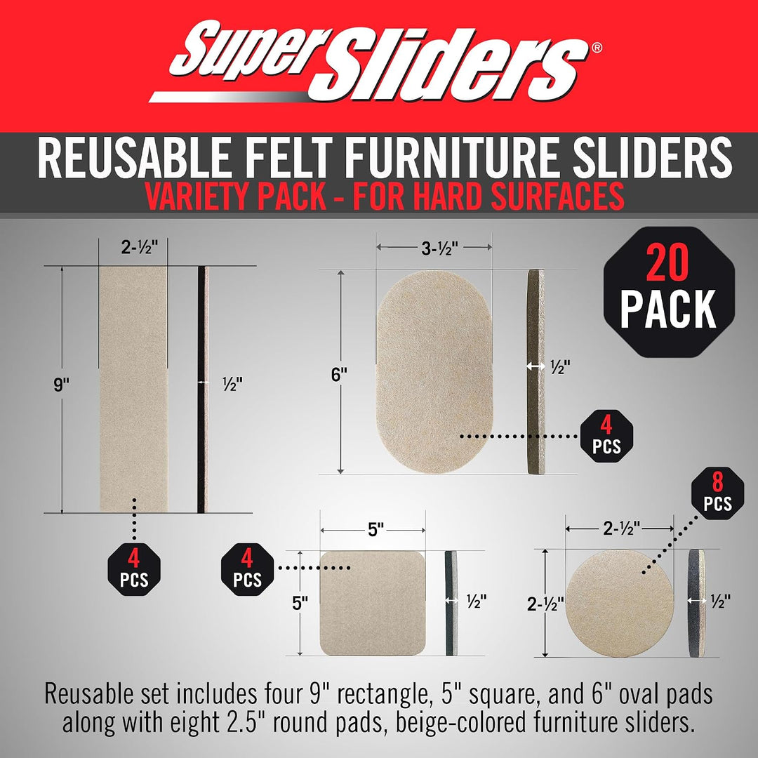 Super Sliders 4712595Z Wiederverwendbare Filz-Möbelgleiter All-in-One Kit für Harte Bodenoberflächen