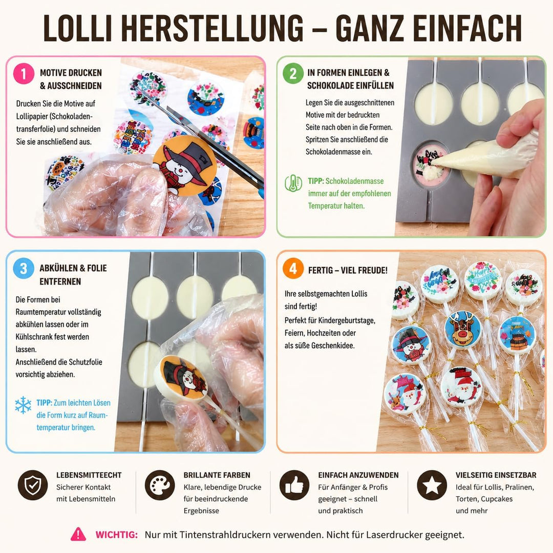 Sotek Essbare Schokoladen Transferfolie A4, 25 Blatt (21 x 29,7 cm), Transferpapier für weisse Schok
