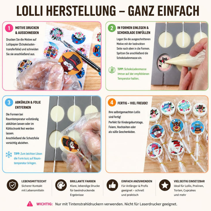Sotek Essbare Schokoladen Transferfolie A4, 25 Blatt (21 x 29,7 cm), Transferpapier für weisse Schok
