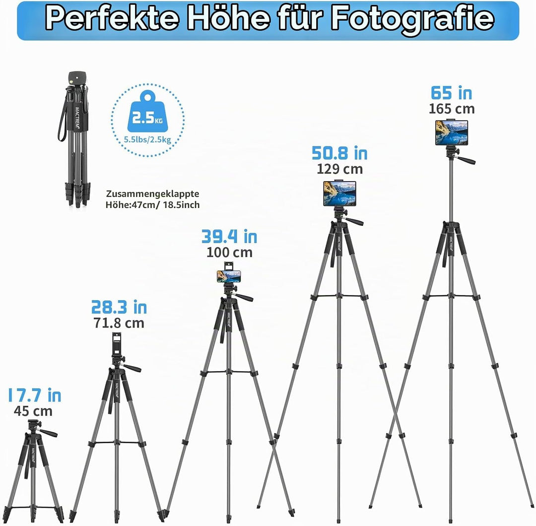 Handy Stativ, Upgrade 165cm / 65" Kamera Stativ für Smartphone iPad, 360° Drehung Tragbar Tripod mit