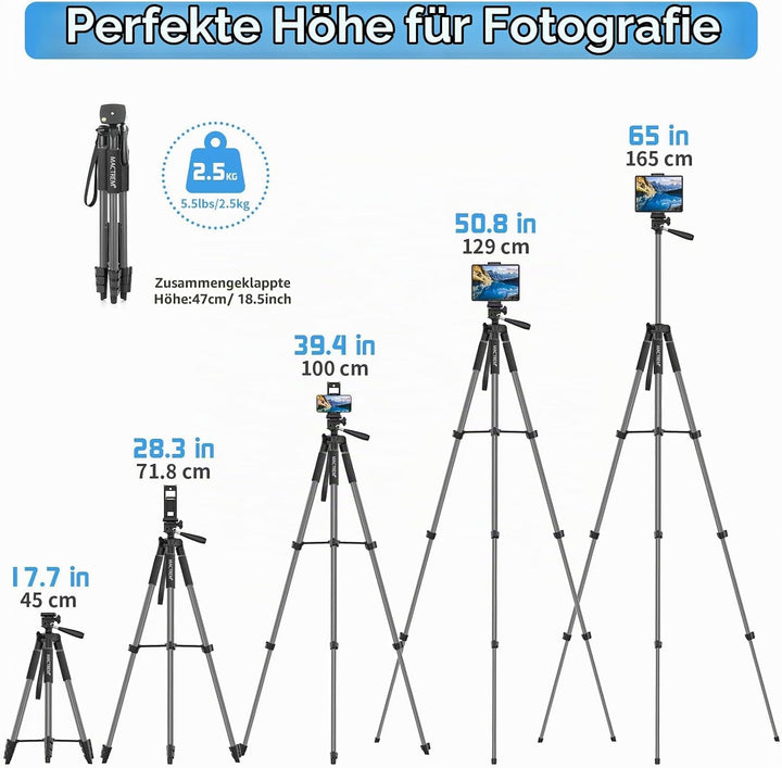 Handy Stativ, Upgrade 165cm / 65" Kamera Stativ für Smartphone iPad, 360° Drehung Tragbar Tripod mit