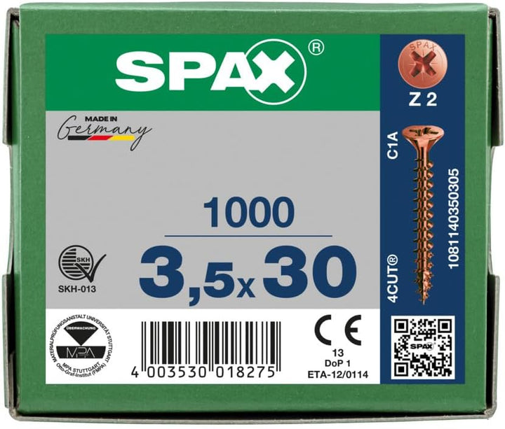SPAX Universalschraube, 3,5 x 30 mm, 1000 Stück, Kreuzschlitz Z2, Senkkopf, Teilgewinde, 4CUT, Brüni
