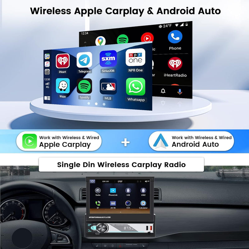 Hikity Wireless Carplay Autoradio mit Blidschirm 1 Din Autoradio Bluetooth mit 7 Zoll Manuelles Ausf