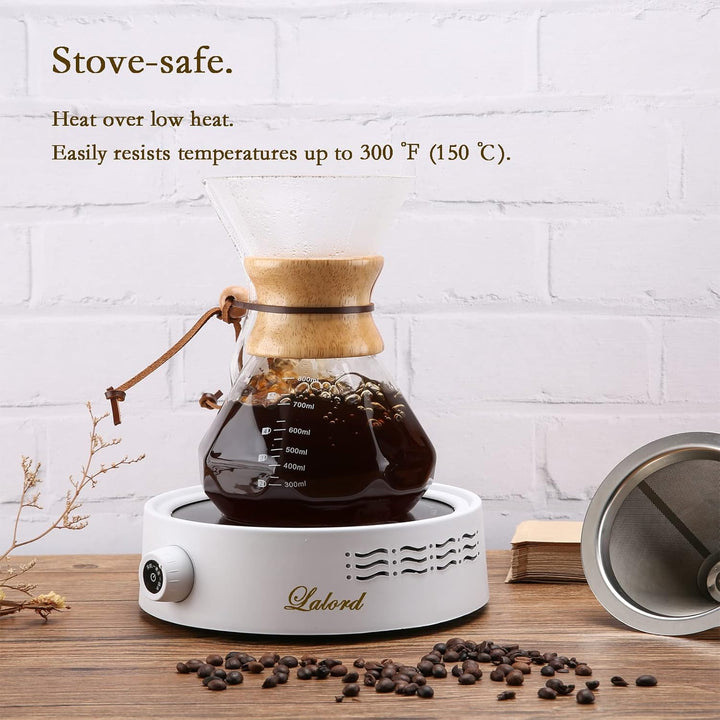 Pour Over Kaffeebereiter mit Edelstahlfilter, 600 ml Borosilikatglas Kaffeekaraffe, Holzkragen, Kaff