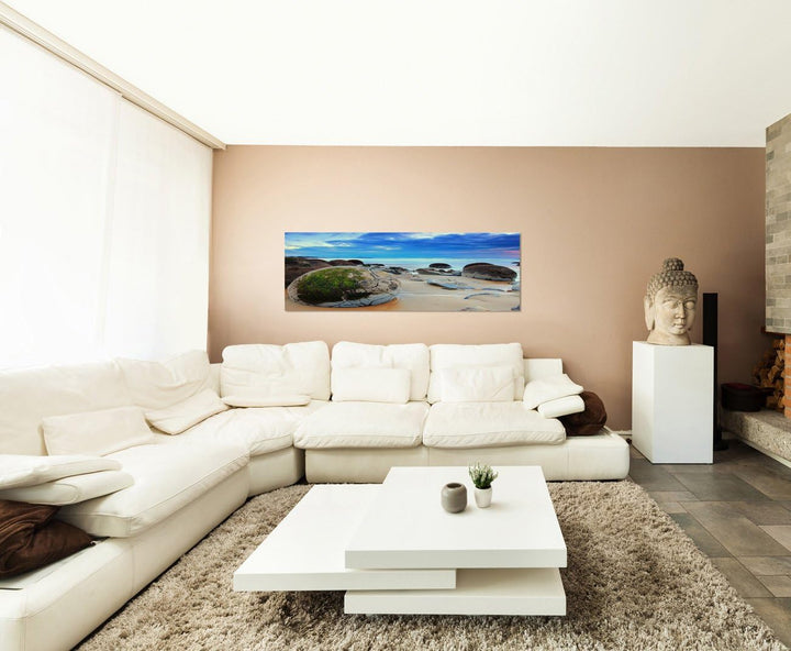 Paul Sinus Art Panoramabild auf Leinwand und Keilrahmen 150x50cm Neuseeland Strand Meer Steine Dämme