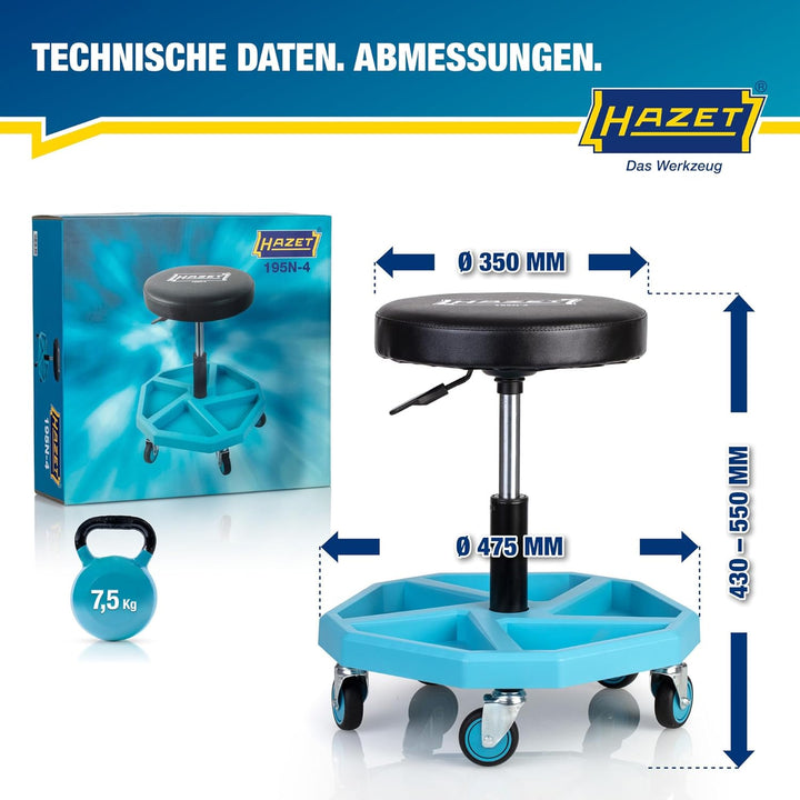 HAZET Arbeitssitz 195N-4, stabile Vierkant-Rohrrahmenkonstruktion, 5 Leichtlaufrollen 75 mm, höhenve