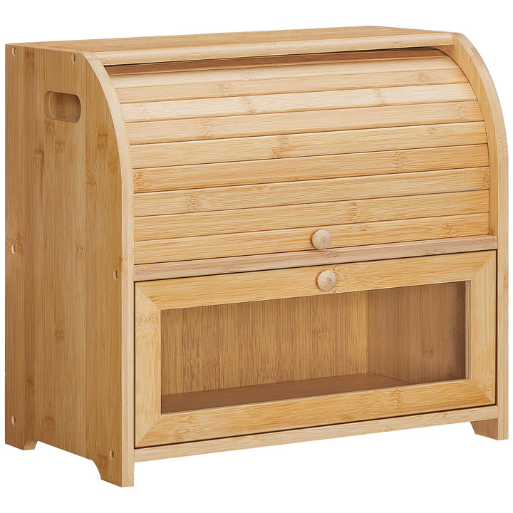 HOOBRO Brotkasten Bambus, 2-stöckiger Brotkorb, Brotbox, Brotaufbewahrung mit Rolldeckel und Vitrine