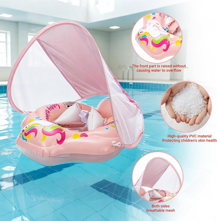 Aufblasbarer Baby Schwimmring, Swimming Float mit Baldachin und Sicherheitssitz, Niedliches Rosa Pfe