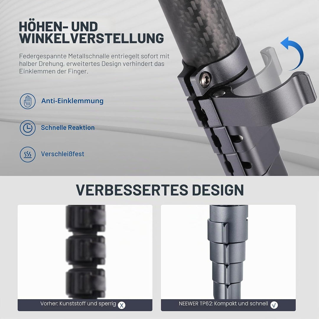 NEEWER LITETRIP LT32 62" Reisestativ aus Kohlefaser mit ±15° nivellierbar 360° Panoramakopf abnehmba