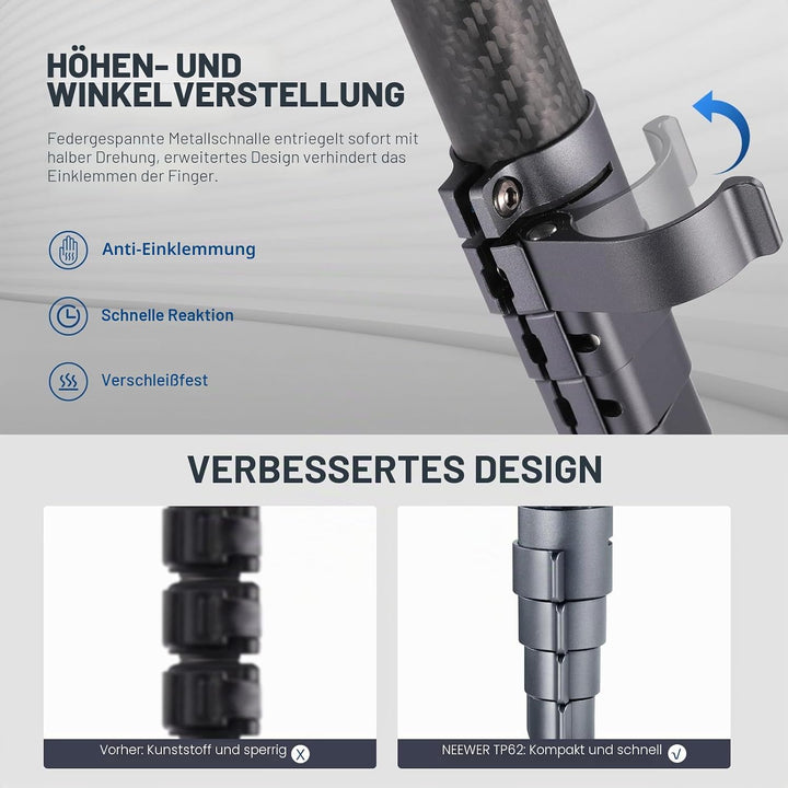 NEEWER LITETRIP LT32 62" Reisestativ aus Kohlefaser mit ±15° nivellierbar 360° Panoramakopf abnehmba