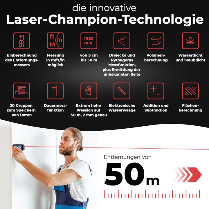 Germany Laser-Entfernungsmesser von 5cm-50m Innenbereich, Laser-Champion, Keep-Balance, inkl. Batter