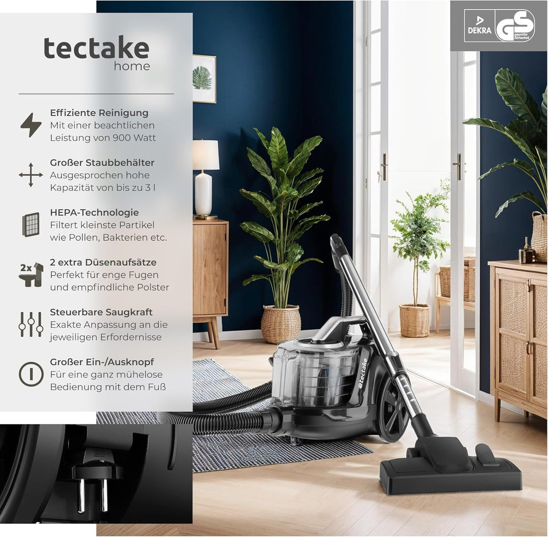 tectake® Staubsauger beutellos, VC900, 900 W, stark, beutelloser Bodenstaubsauger mit Kabel, für Tie
