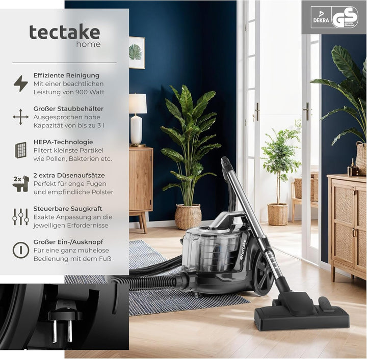 tectake® Staubsauger beutellos, VC900, 900 W, stark, beutelloser Bodenstaubsauger mit Kabel, für Tie