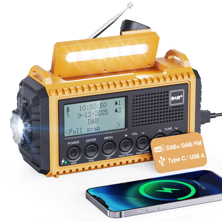 Kurbelradio DAB/UKW mit Akku 5000mAh, Tragbare Solar Radio mit LED-Taschenlampe & Leselicht, DAB+ Ba