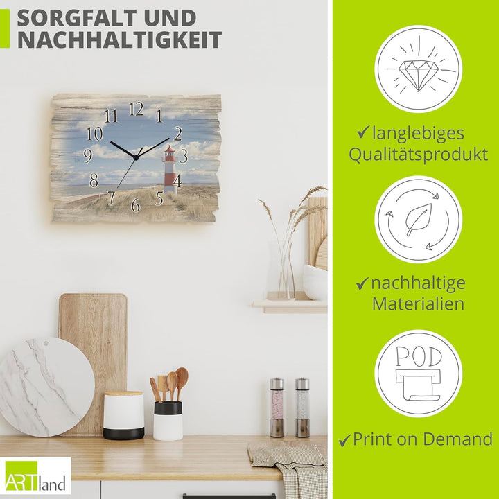 ARTLAND Wanduhr ohne Tickgeräusche aus Holz Quarzuhr 40x30 cm Rechteckig Lautlos Strand Meer Leuchtt