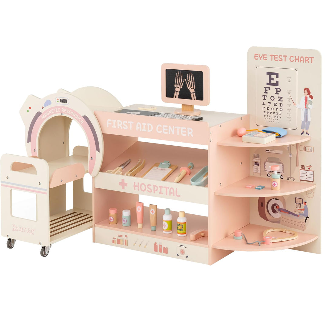 DREAMADE Arztspielset für Kinder, Krankenhaus aus Holz mit Sehtest, CT-Spielgerät & Röntgenapparat,