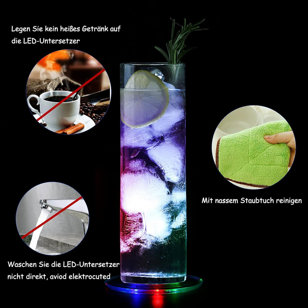 4er-Set Bunt LED Untersetzer für Getränke, ON/Off Wasserdicht Rund Untersetzer Acryl für Gläser Flas