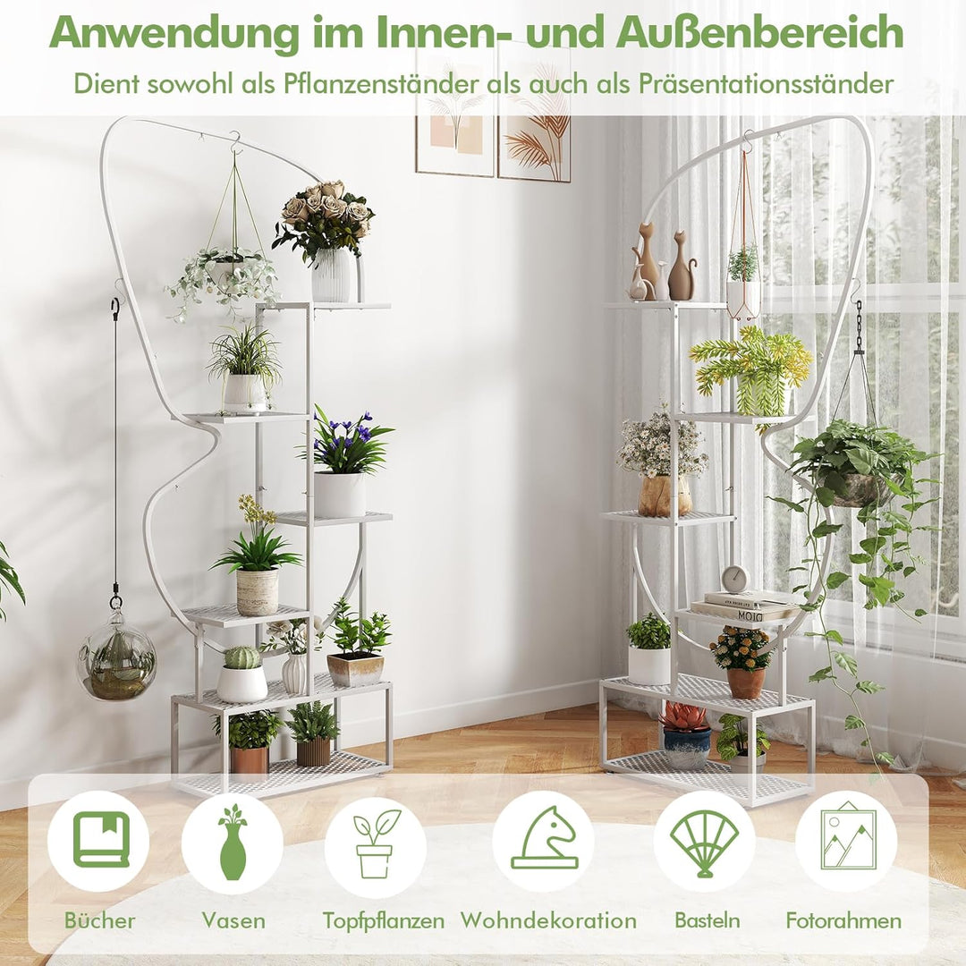RELAX4LIFE 6-stufiger Pflanzenständer, Schmetterlingsförmiges Metallregal mit 12 Regalböden, 4 Haken