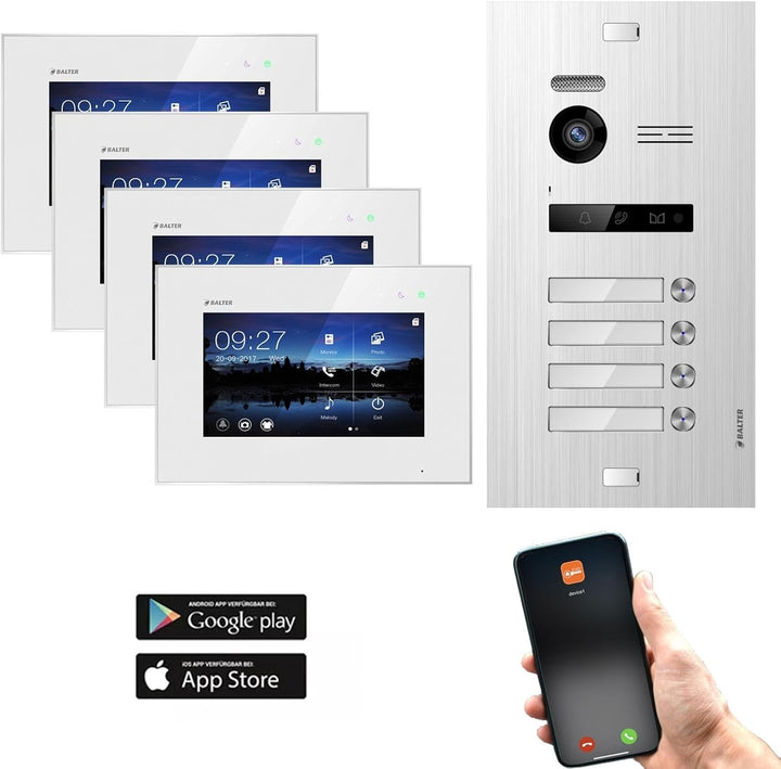 Balter EVO Silver Video-Türsprechanlage 7" WiFi Monitor Touchscreen 2-Draht Bus Komplettsystem für 4