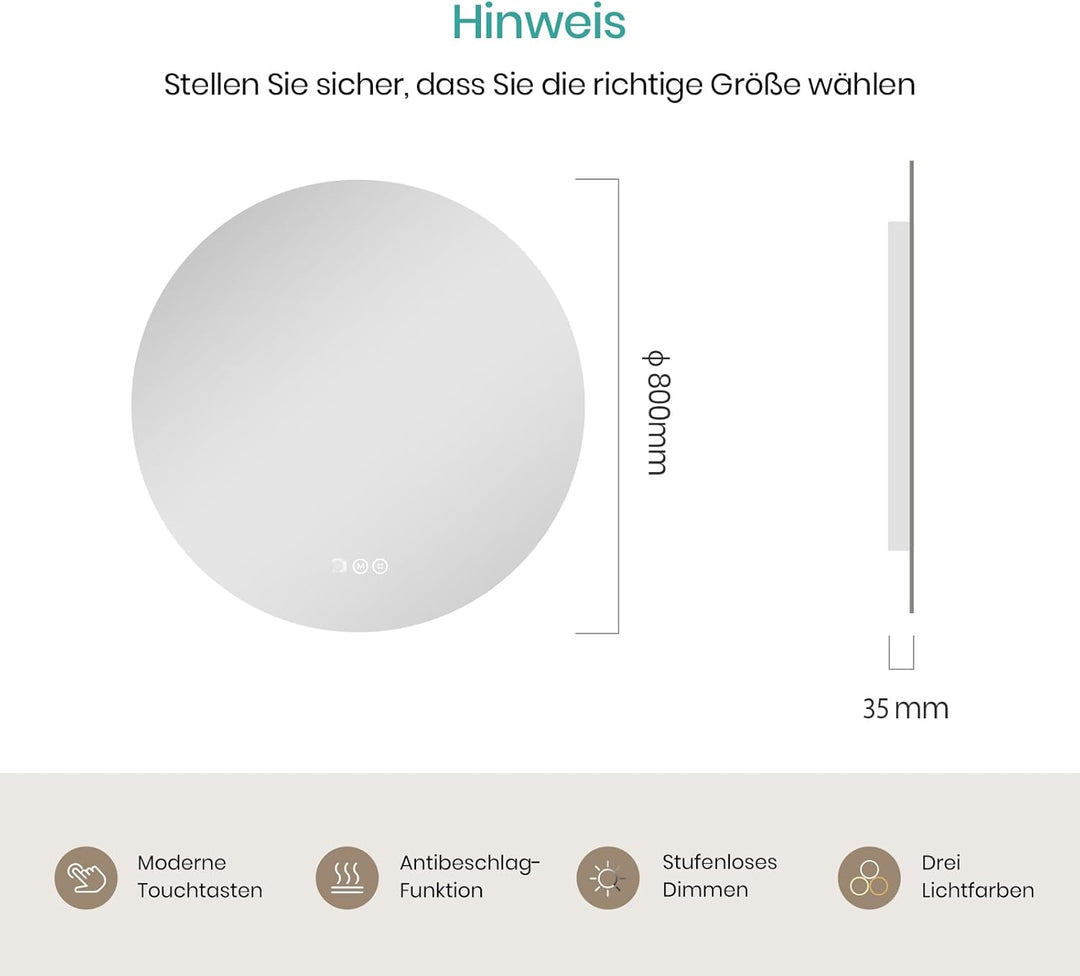 EMKE Badspiegel mit Beleuchtung Rund 80cm, Badezimmerspiegel mit 3 dimmbaren Lichtfarben, Antibeschl