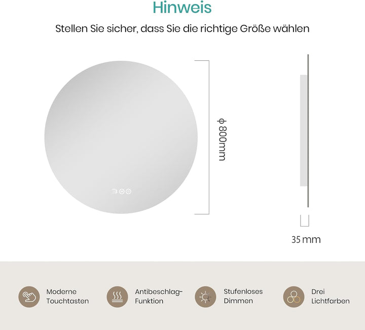 EMKE Badspiegel mit Beleuchtung Rund 80cm, Badezimmerspiegel mit 3 dimmbaren Lichtfarben, Antibeschl