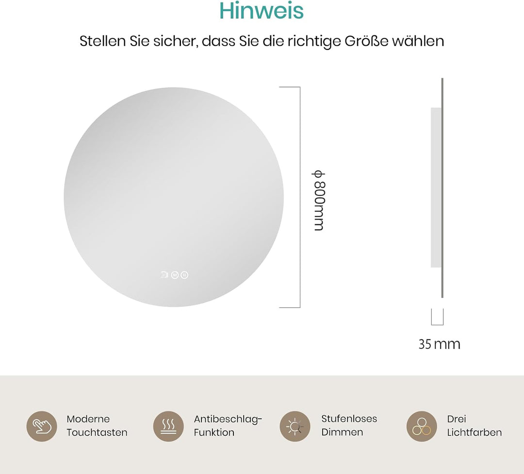 EMKE Runder LED Badspiegel mit Beleuchtung – Badezimmerspiegel 80 cm, 3 Lichtfarben (Warmweiss/Neutr