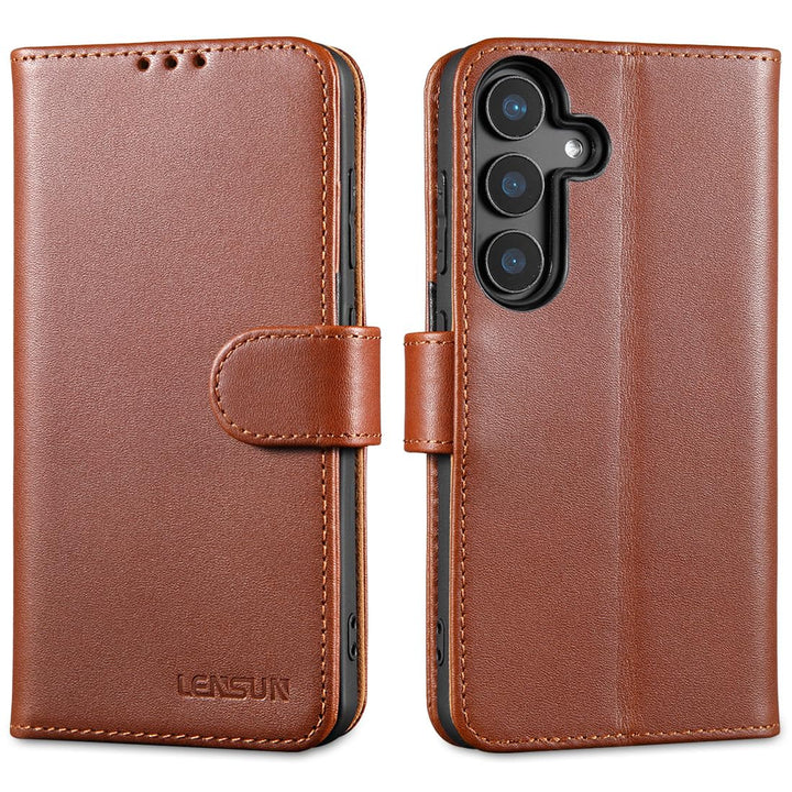 LENSUN Hülle für Samsung Galaxy S25 Echtleder, Handyhülle [Echtes Leder] [Standfunktion] [RFID Schut