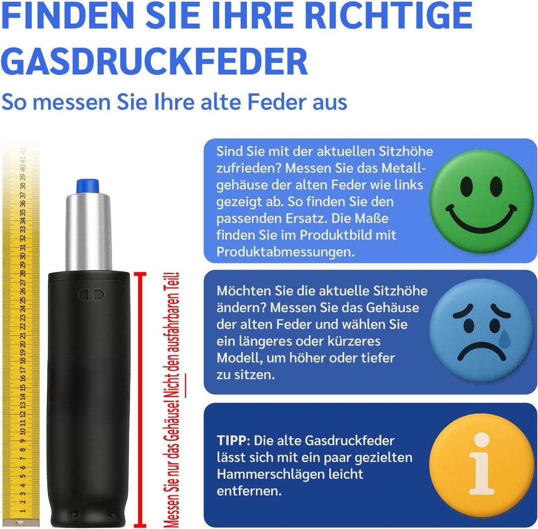 Bemacom Gasdruckfeder für Bürostuhl bis 200kg Belastbarkeit, Länge 430mm Schwarz Ersatz Gasdruckfede
