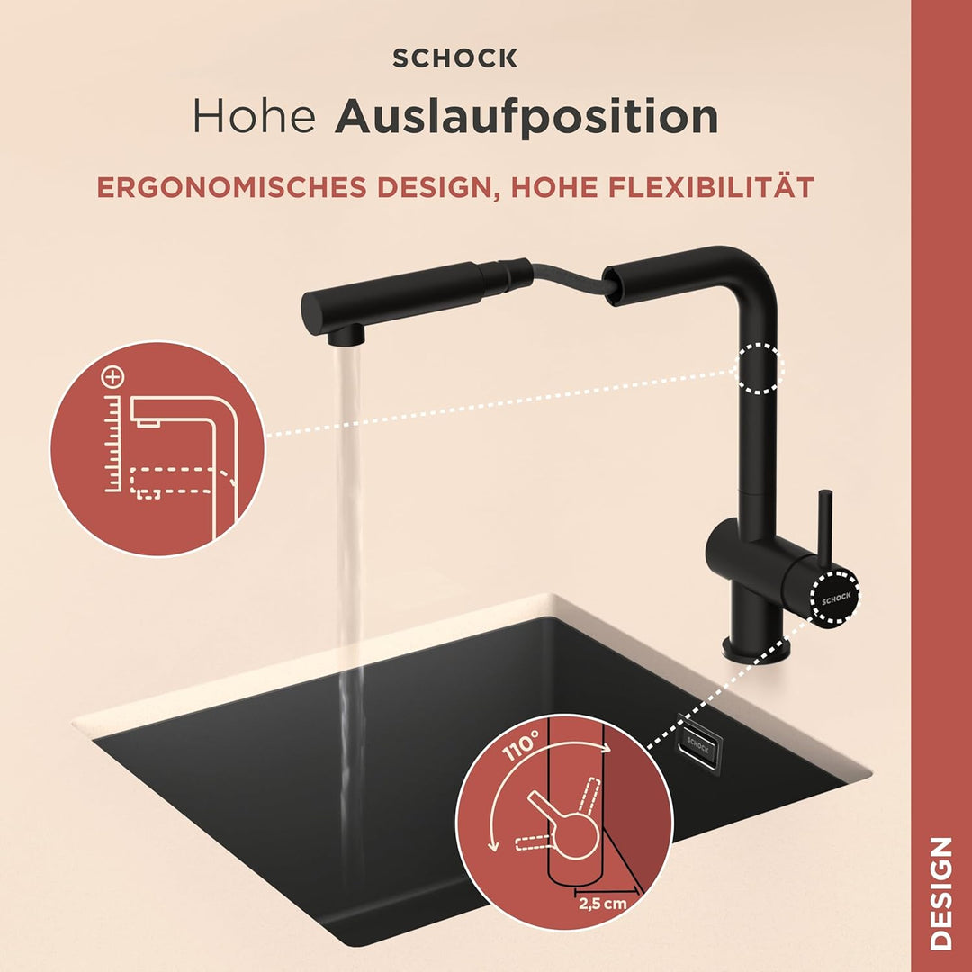 SCHOCK Küchenarmatur EPOS Puro – schwarze CRISTADUR Niederdruck Armatur mit ausziehbarer Schlauchbra