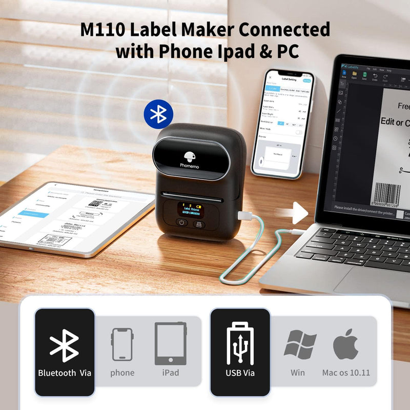 Phomemo M110 Etikettendrucker, Bluetooth Beschriftungsgerät Selbstklebend Edikettengerät Tragbarer E