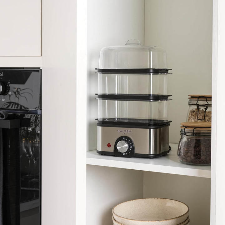 Salter Kompakter 3-stufiger Dampfgarer – Multikocher, 3 Dampfkörbe, Elektrischer Eierkocher, Kapazit