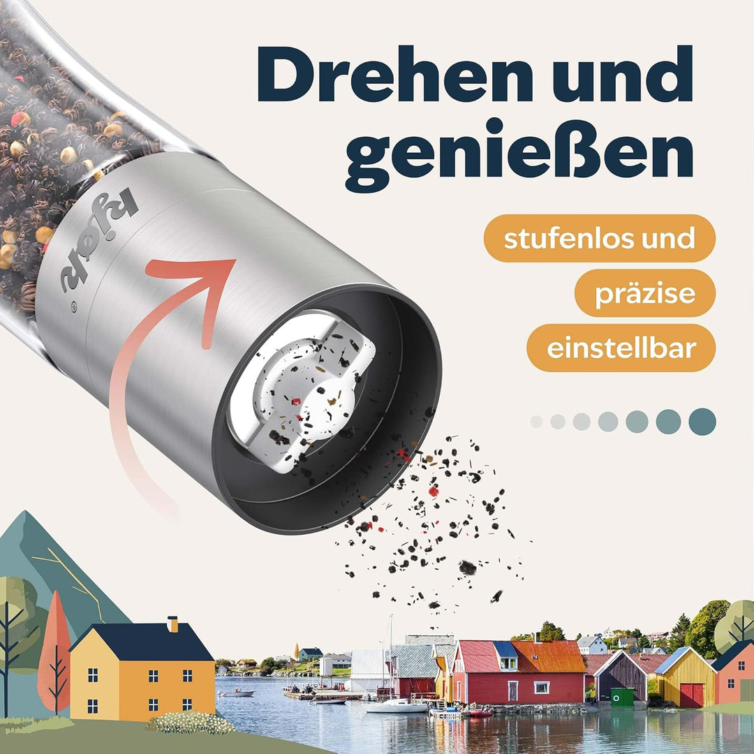 kjøk Premium Salz und Pfeffermühle Edelstahl gebürstet, Glas und BPA - 2er Set Gewürzmühle mit Keram