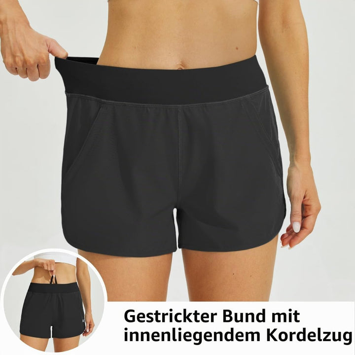 WILLIT Damen 3" Badeshorts Badehose Schwimmen Boardshorts mit Kurzliner Taschen Schnelltrockner UVA