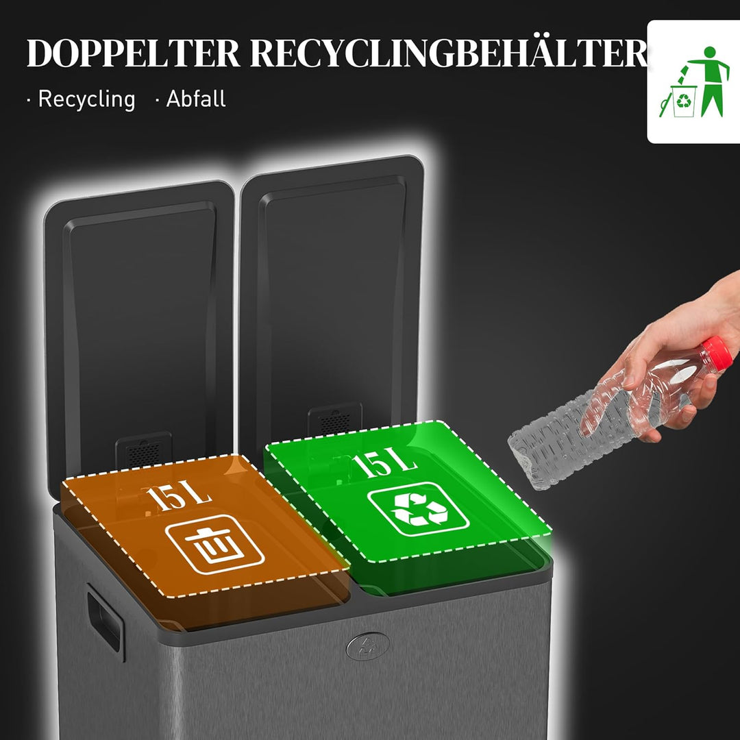 HOMCOM Mülleimer 2 x 15L Abfalleimer aus Edelstahl Mülltrennsystem mit Softclose Deckel, Herausnehmb