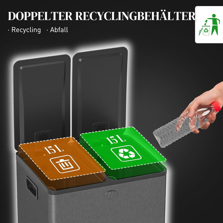 HOMCOM Mülleimer 2 x 15L Abfalleimer aus Edelstahl Mülltrennsystem mit Softclose Deckel, Herausnehmb