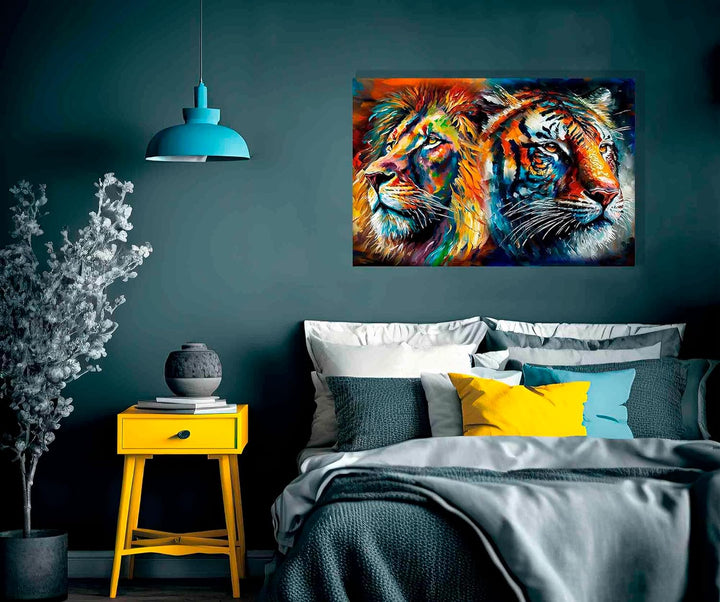 Artley Prints - Löwe und Tiger Collage Bunte Leinwandbilder für Wohnzimmer - Wandkunst für Schlafzim