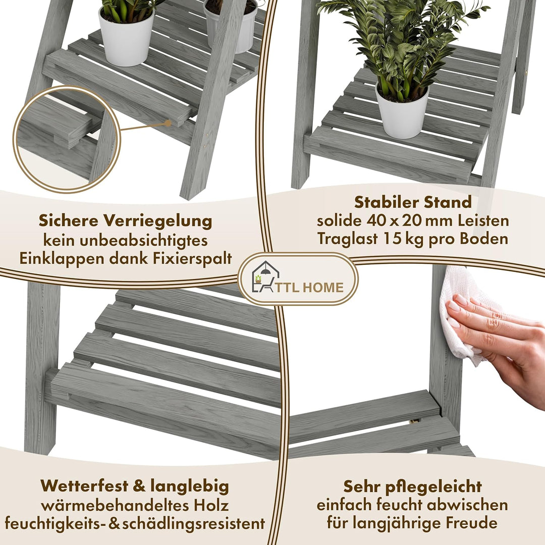 Blumenleiter Flower Ladder M 108x41x40cm hellgrau - 3-Ebenen Natur Holz Leiterregal Blumentreppe Blu