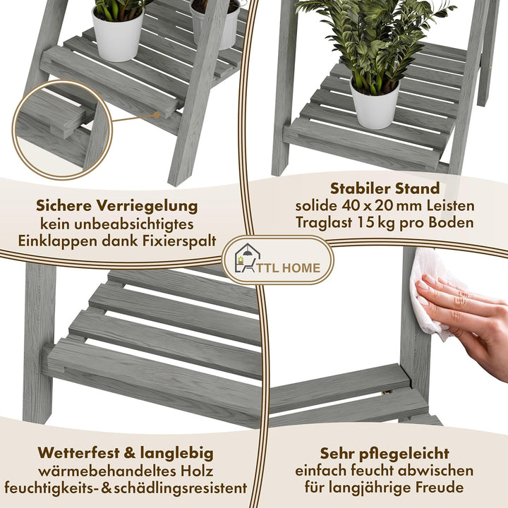 Blumenleiter Flower Ladder M 108x41x40cm hellgrau - 3-Ebenen Natur Holz Leiterregal Blumentreppe Blu