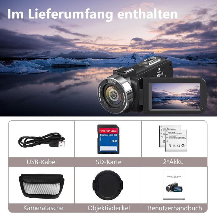 Videokamera 4K Camcorder HD 80MP IR-Nachtsicht Vlogging Kamera für YouTube, Webcam Camera mit 18-Fac