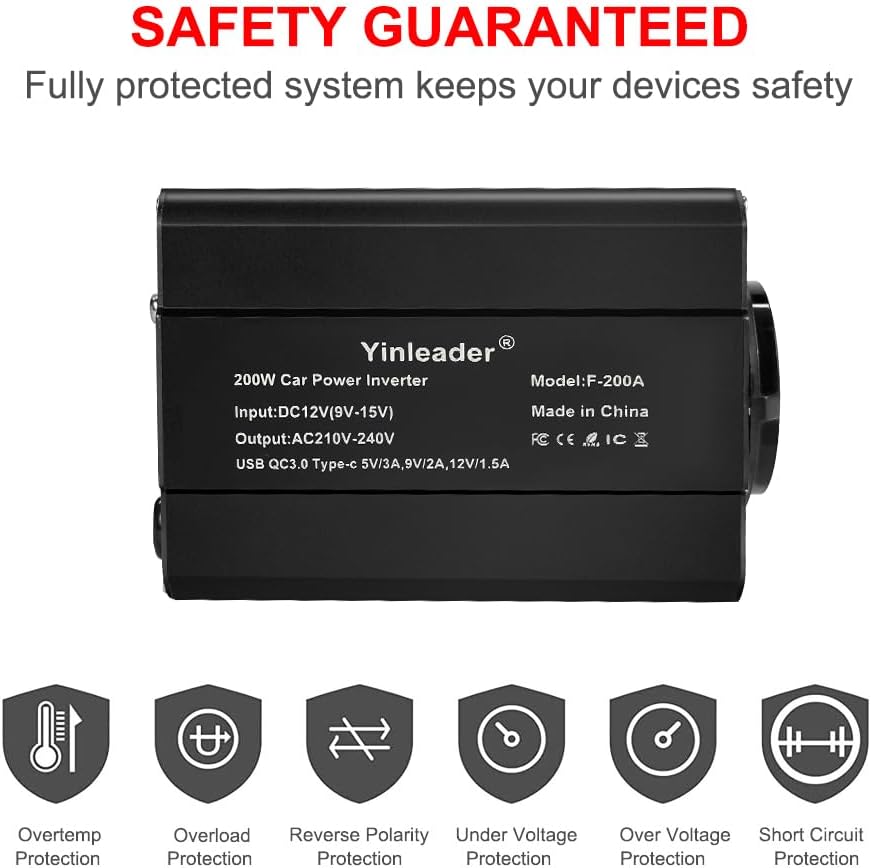 Yinleader 300W 12V auf 230V Wechselrichter 1 EU-Steckdosen und Typ-C PD&USB Q.C 3.0 mit Zigarettenan