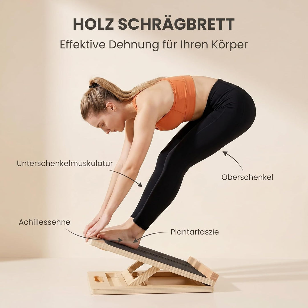 DULCE DOM Schrägbrett Holz Verstellbar, Professioneller Wadendehner mit Tragegriff, Klappbares Mobil