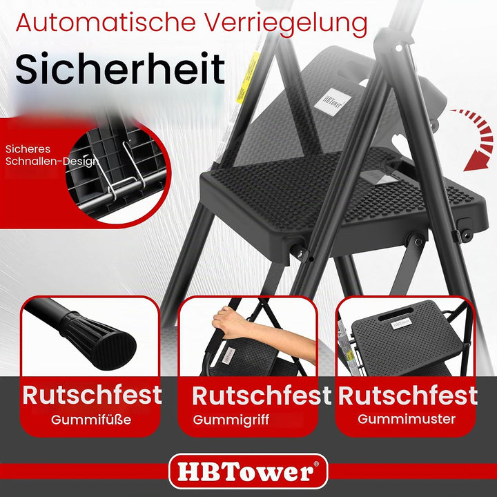 HBTower Trittleiter 4 Stufen klappbar, Leiter mit Breitem Anti-Rutsch-Pedal, Trittleiter mit Bequeme