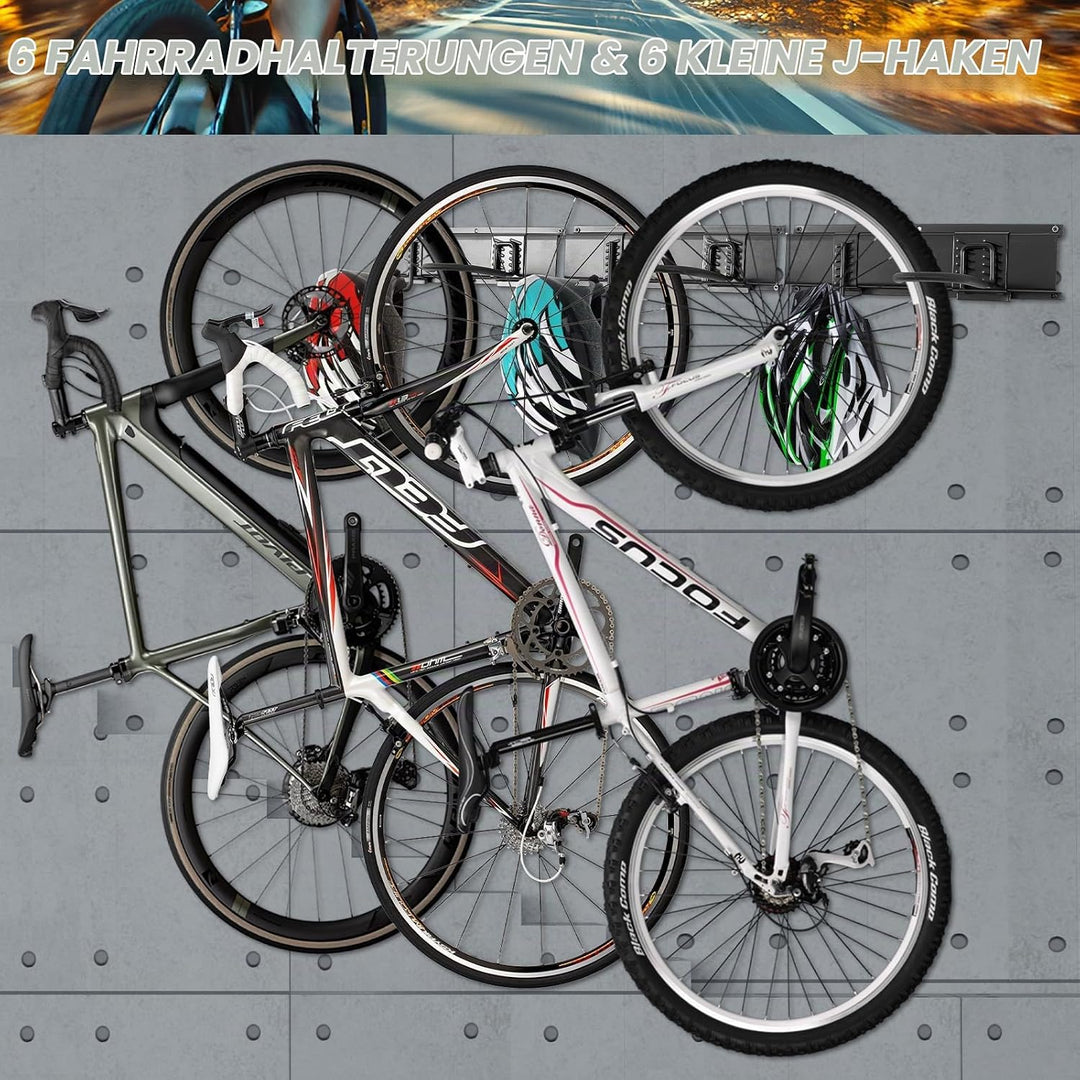 PYBTOOL Fahrradständer, Wandhalterung für Garagenfahrradständer, 6 Fahrradständer und 6 Helmhaken, M