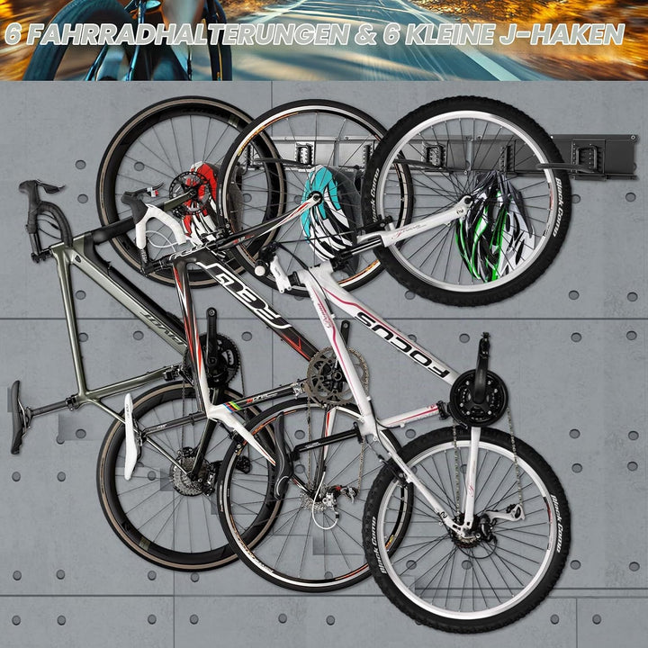 PYBTOOL Fahrradständer, Wandhalterung für Garagenfahrradständer, 6 Fahrradständer und 6 Helmhaken, M
