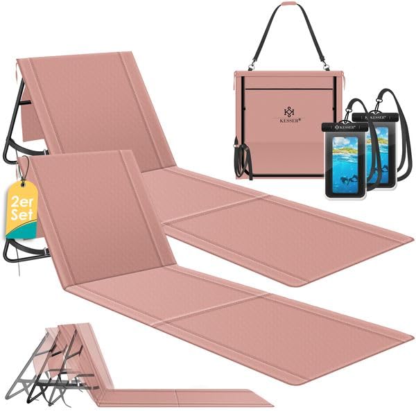 KESSER® 2er Set Strandmatte klappbar mit Verstellbarer Rückenlehne, Tragegurt, wasserdichter Tasche