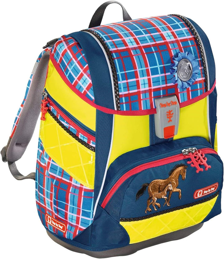 Step by Step Schulranzen-Set 2IN1 DIN „Horse Family“ 4-teilig, blau-rot, Pferde, ergonomischer Torni