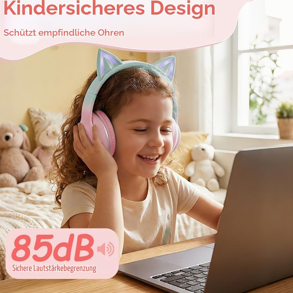 Kinder Bluetooth Kopfhörer, Katzenohr LED Lichter, Bluetooth 5.3 Stereo, Verstellbares Kopfband, 85d