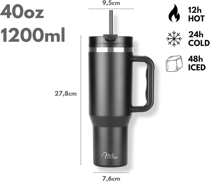 Milu Thermobecher 1200ml mit Strohhalm und Henkel – 48h Eis/24h kalt/12h heiss Edelstahl Tumbler 40o